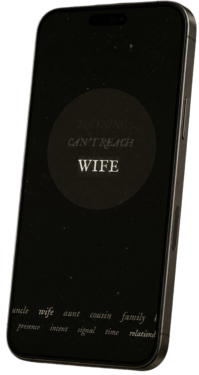 Meridian Loom showing the word WIFE, with CAN'T REACH and MOANING fading behind it, and a strip of nearby vocabulary words below